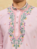 Pretty Pink Multi Thread Embroidery Silk Wedding Wear Men's Kurta