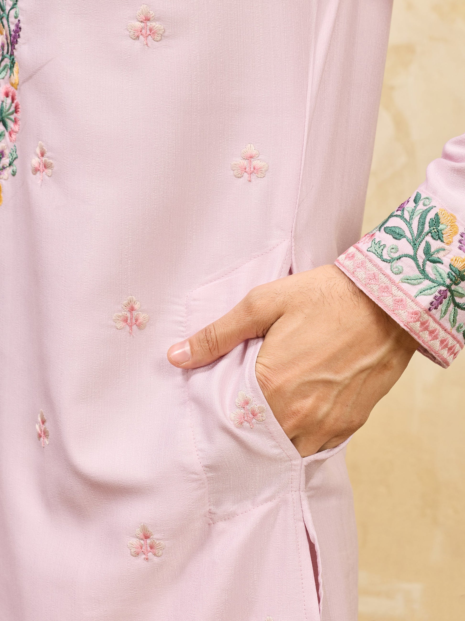 Pretty Pink Multi Thread Embroidery Silk Wedding Wear Men's Kurta