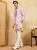 Pretty Pink Multi Thread Embroidery Silk Wedding Wear Men's Kurta