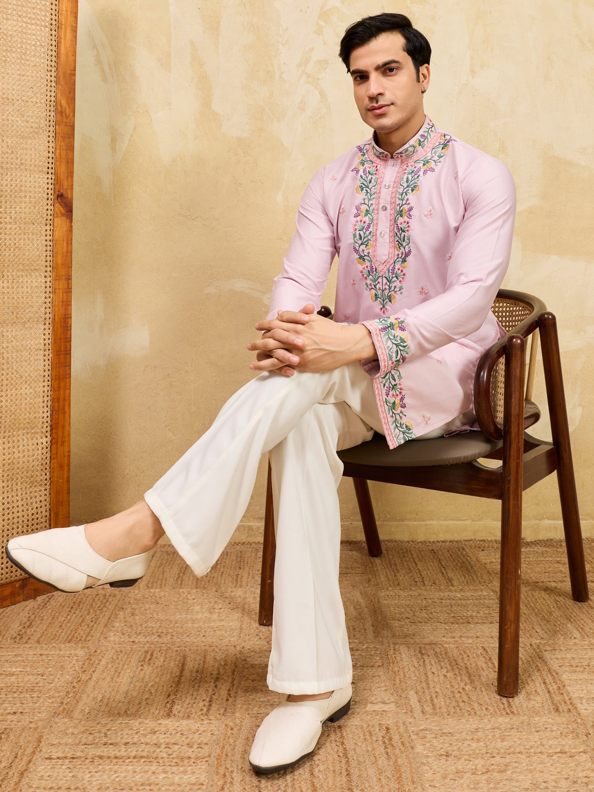 Pretty Pink Multi Thread Embroidery Silk Wedding Wear Men's Kurta