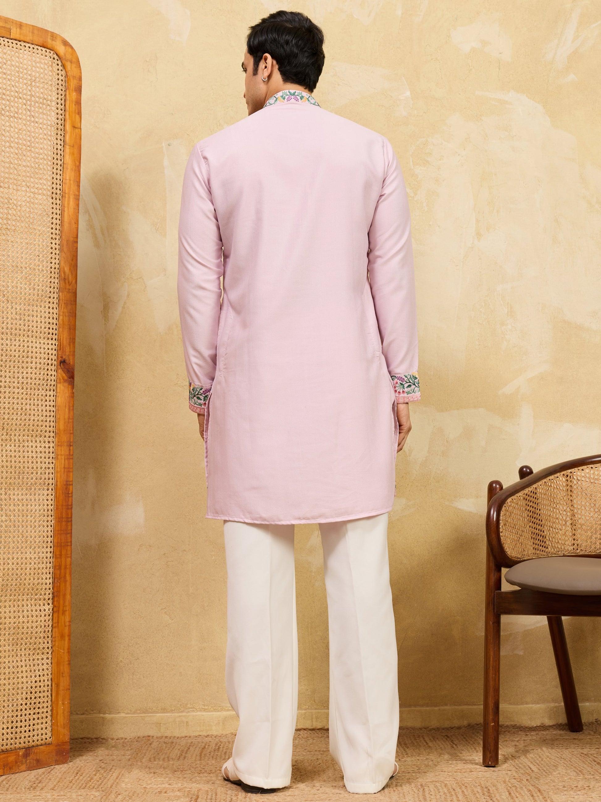 Pretty Pink Multi Thread Embroidery Silk Wedding Wear Men's Kurta