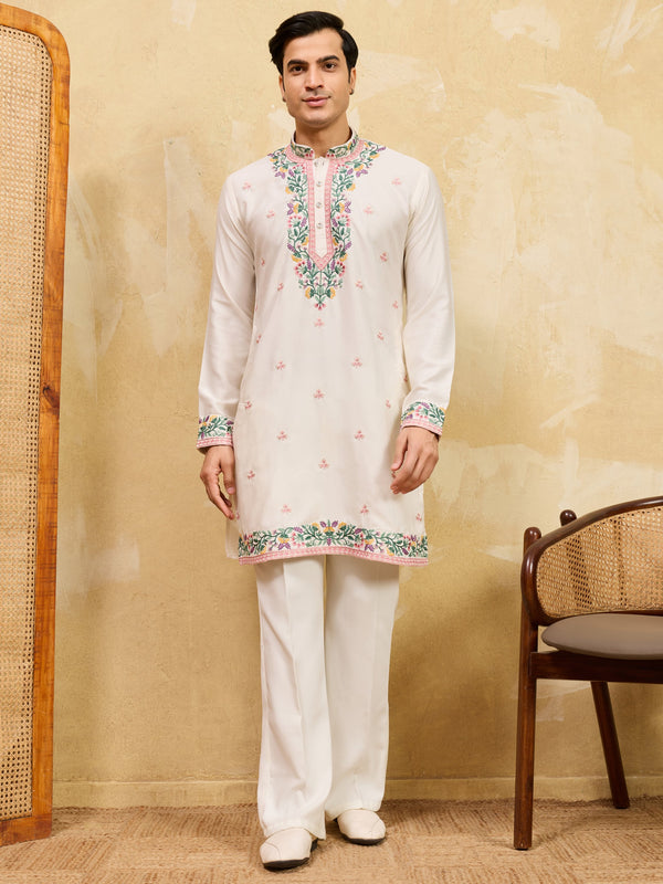Notable White Sequins Embroidery Silk Function Wear Men's Kurta