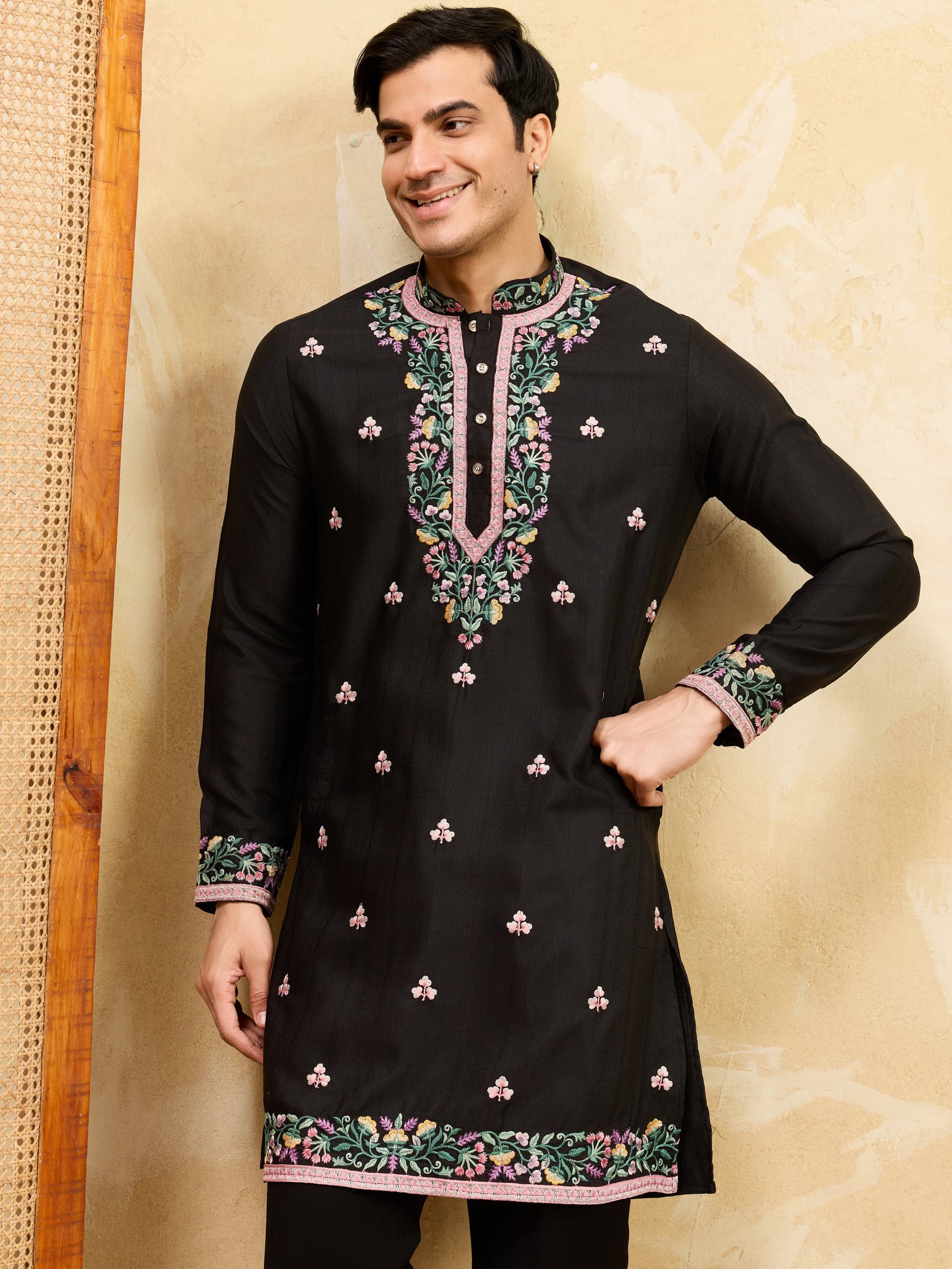 Magnetic Black Thread Work Silk Evening Wear Men's Kurta