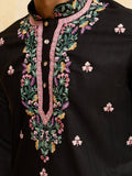 Magnetic Black Thread Work Silk Evening Wear Men's Kurta