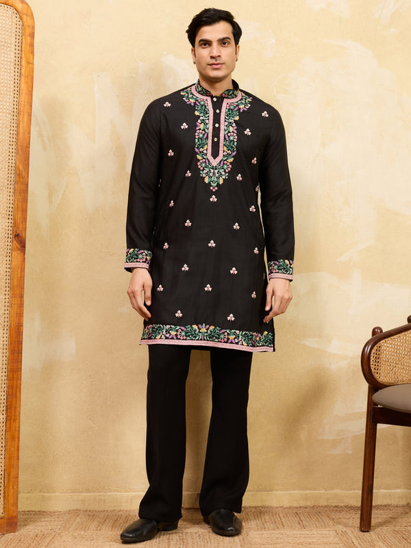 Magnetic Black Thread Work Silk Evening Wear Men's Kurta