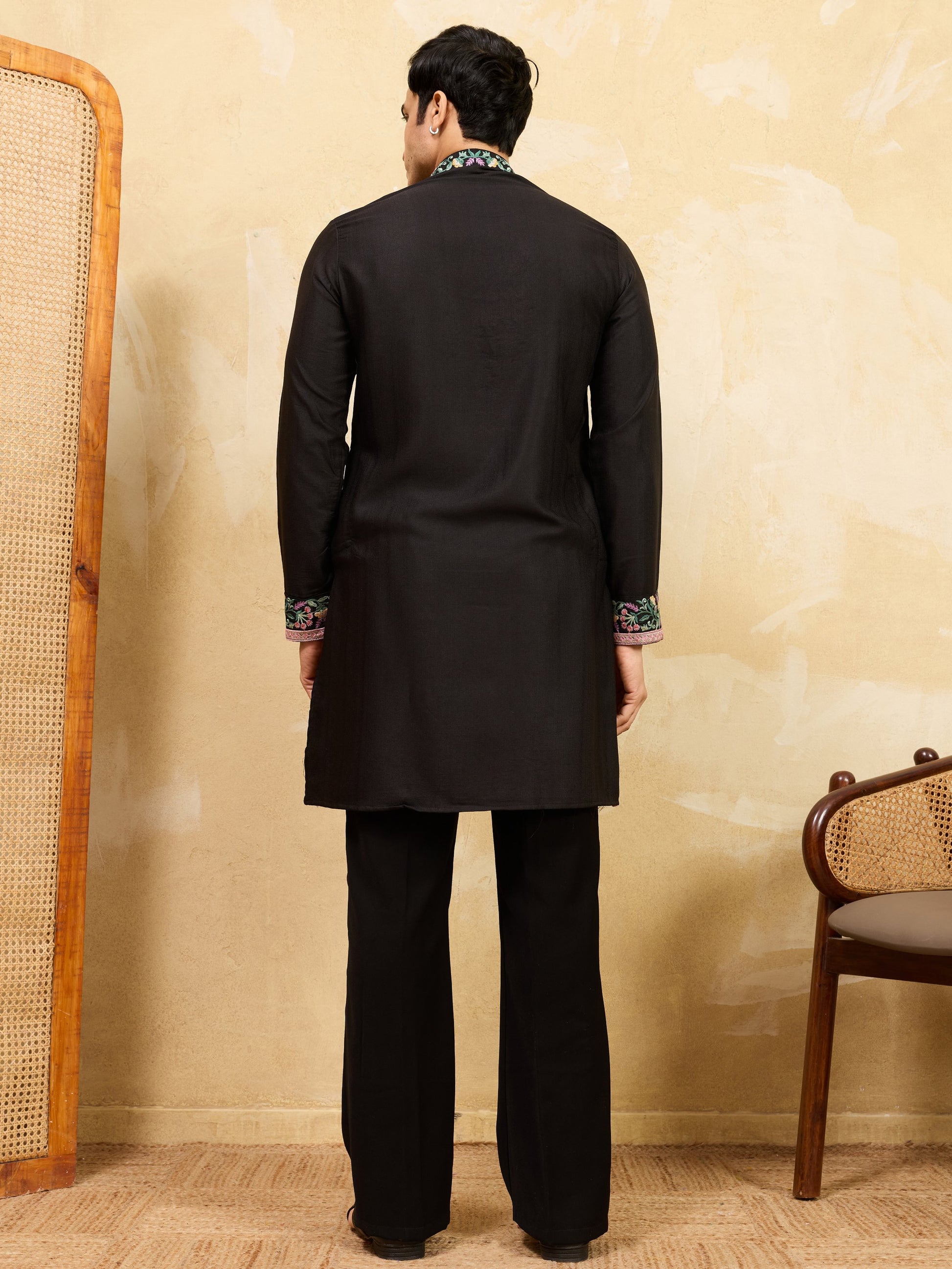 Magnetic Black Thread Work Silk Evening Wear Men's Kurta