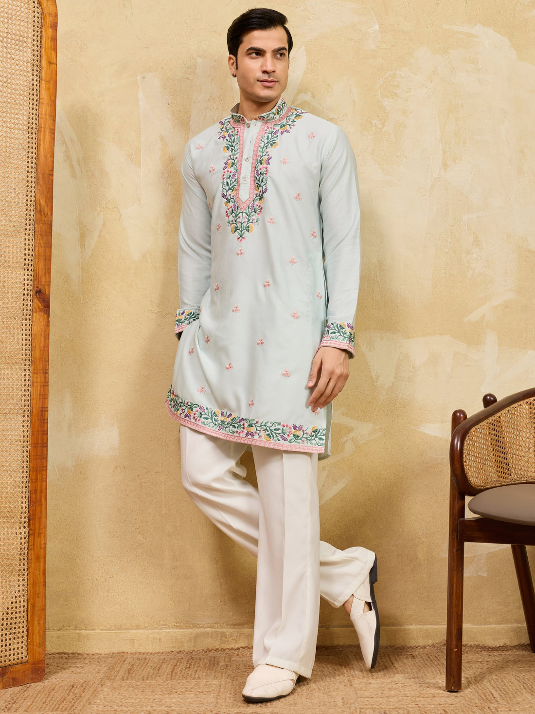 Amazing Sky Blue Floral Embroidery Silk Festive Wear Men's Kurta