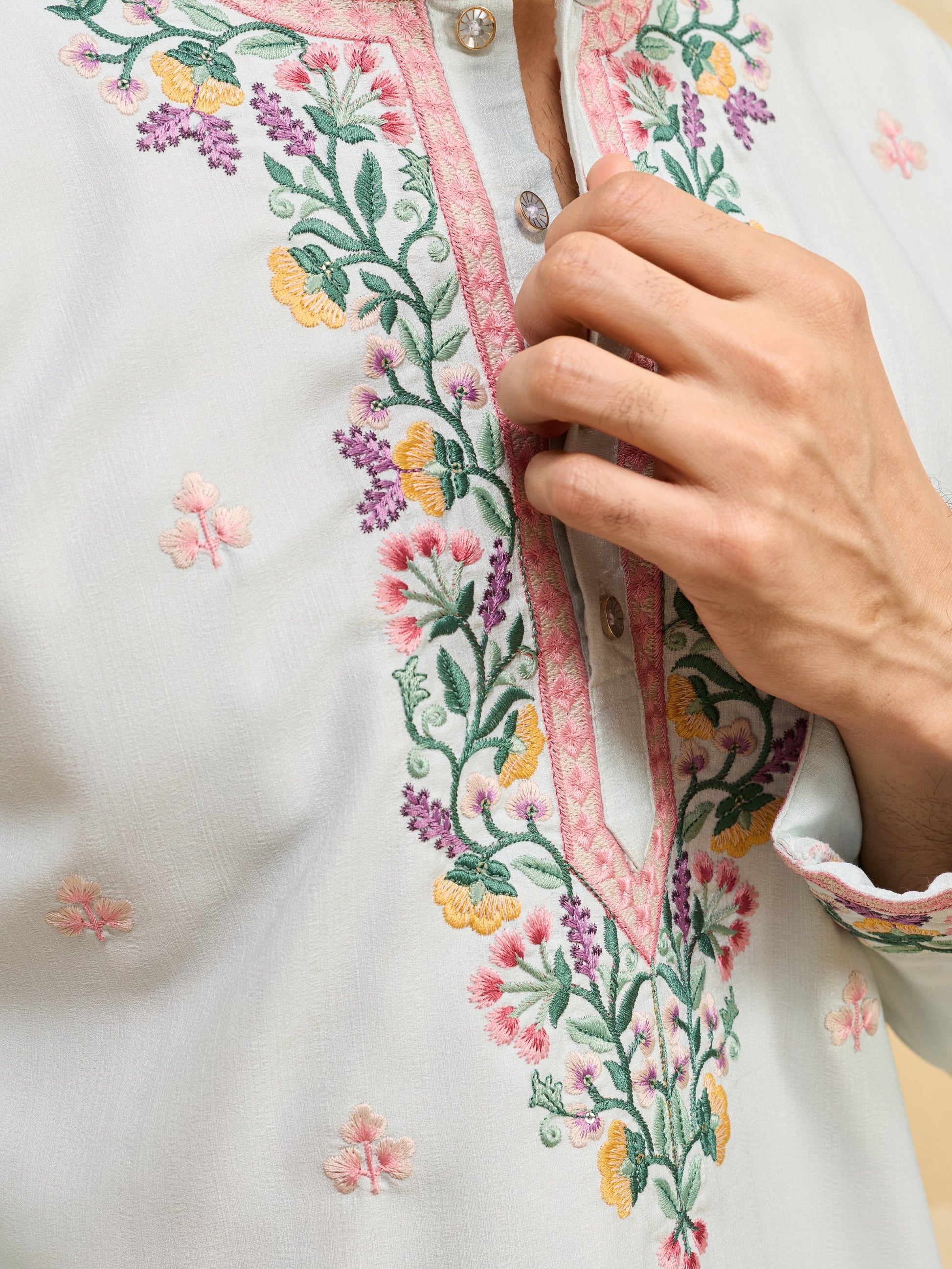 Amazing Sky Blue Floral Embroidery Silk Festive Wear Men's Kurta