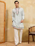 Amazing Sky Blue Floral Embroidery Silk Festive Wear Men's Kurta