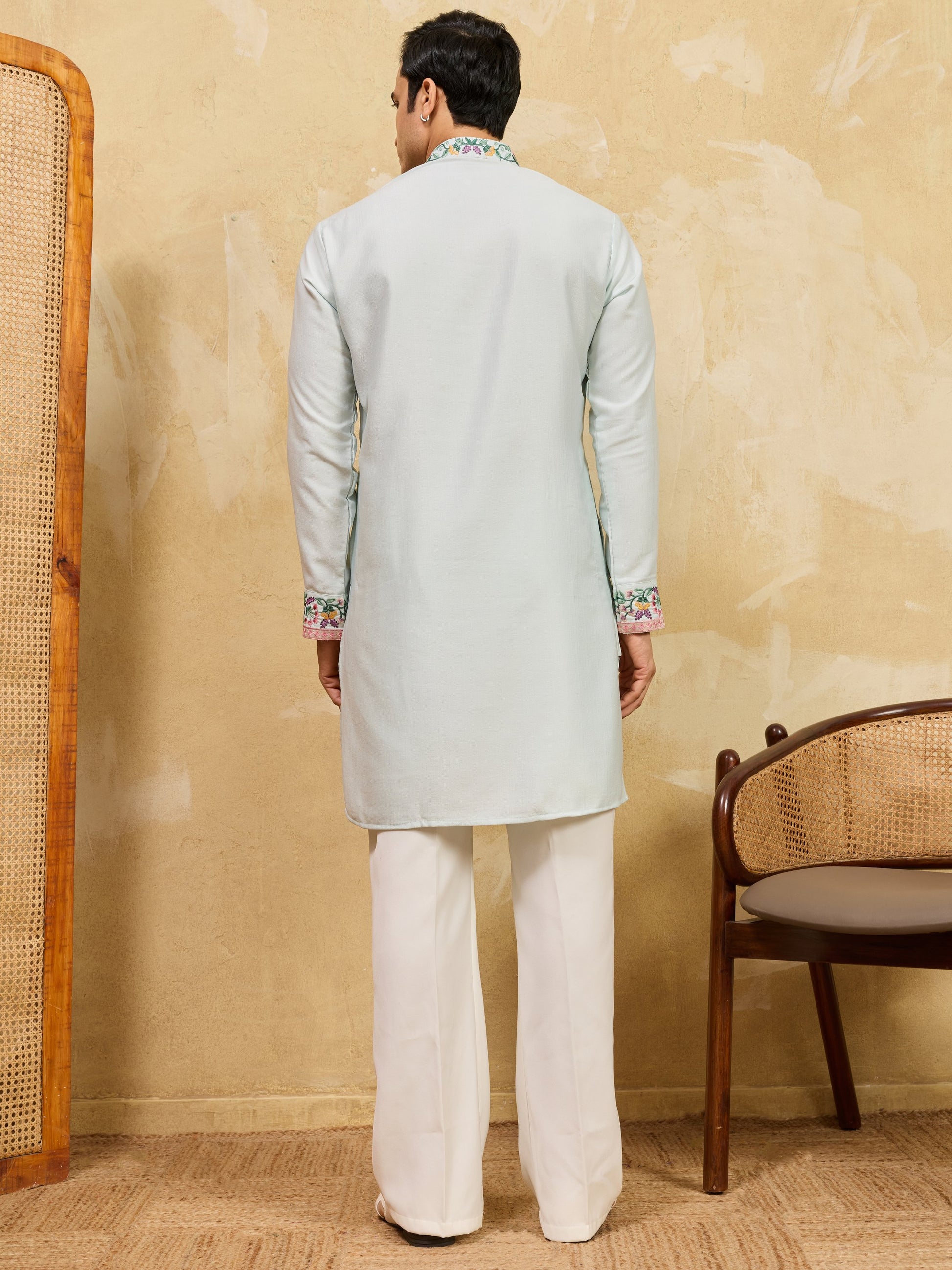 Amazing Sky Blue Floral Embroidery Silk Festive Wear Men's Kurta