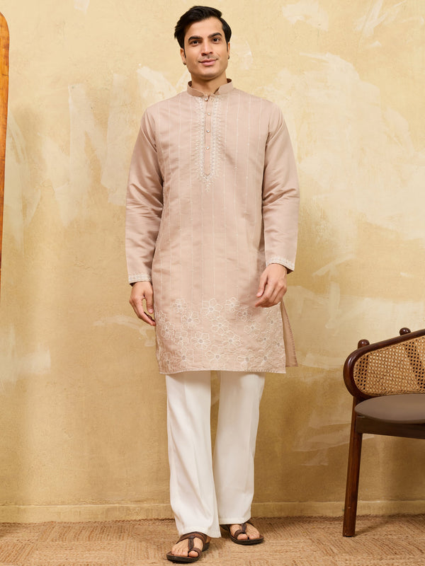 Fascinating Beige Multi Thread Work Silk Festive Wear Men's Kurta