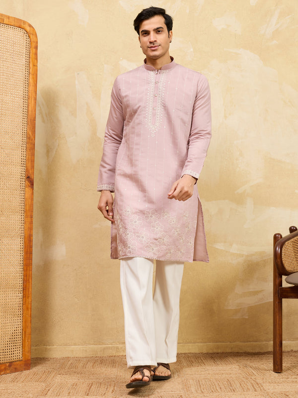 Fantastic Pink Embroidered Silk Event Wear Men's Kurta