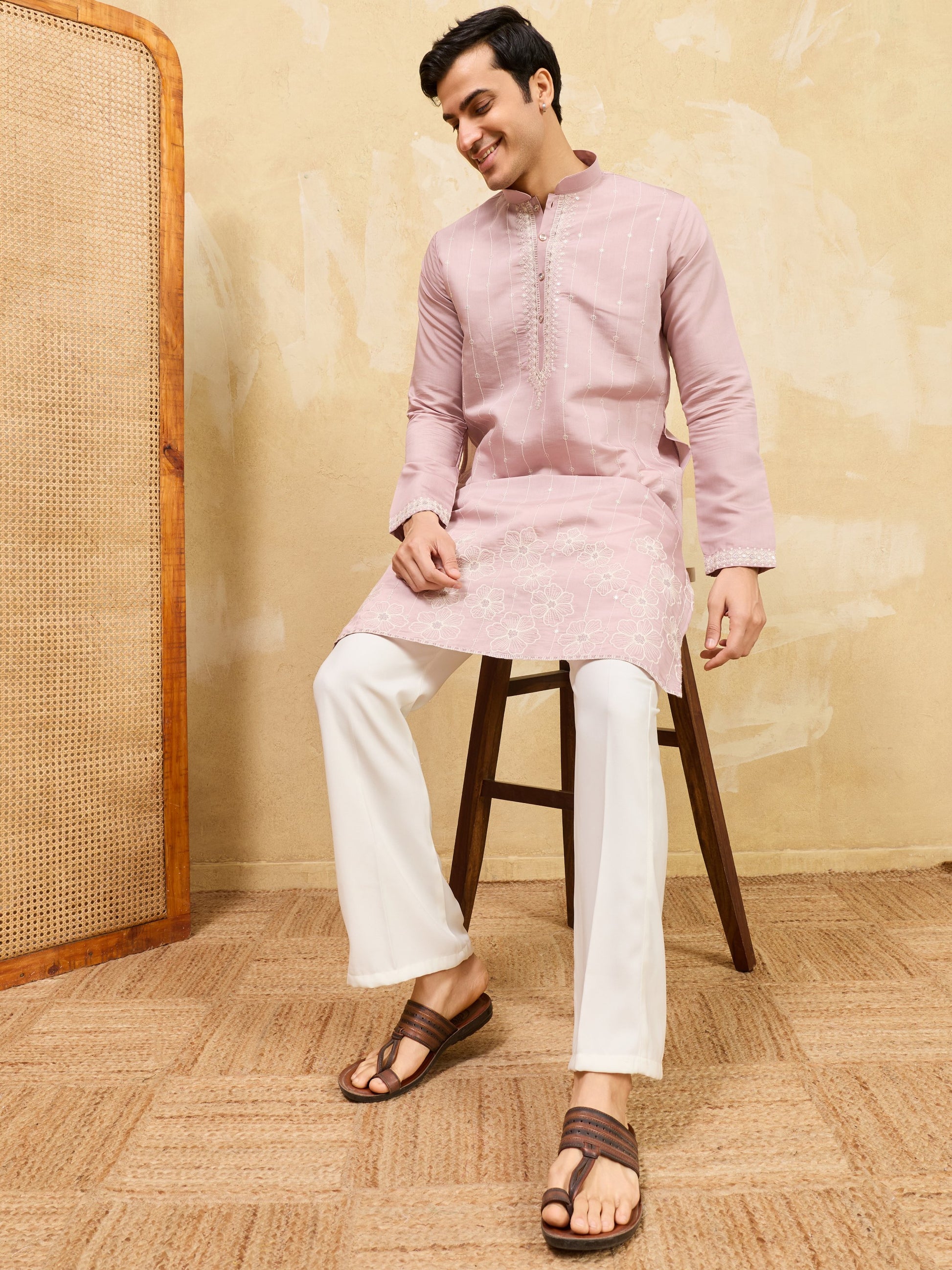Fantastic Pink Embroidered Silk Event Wear Men's Kurta