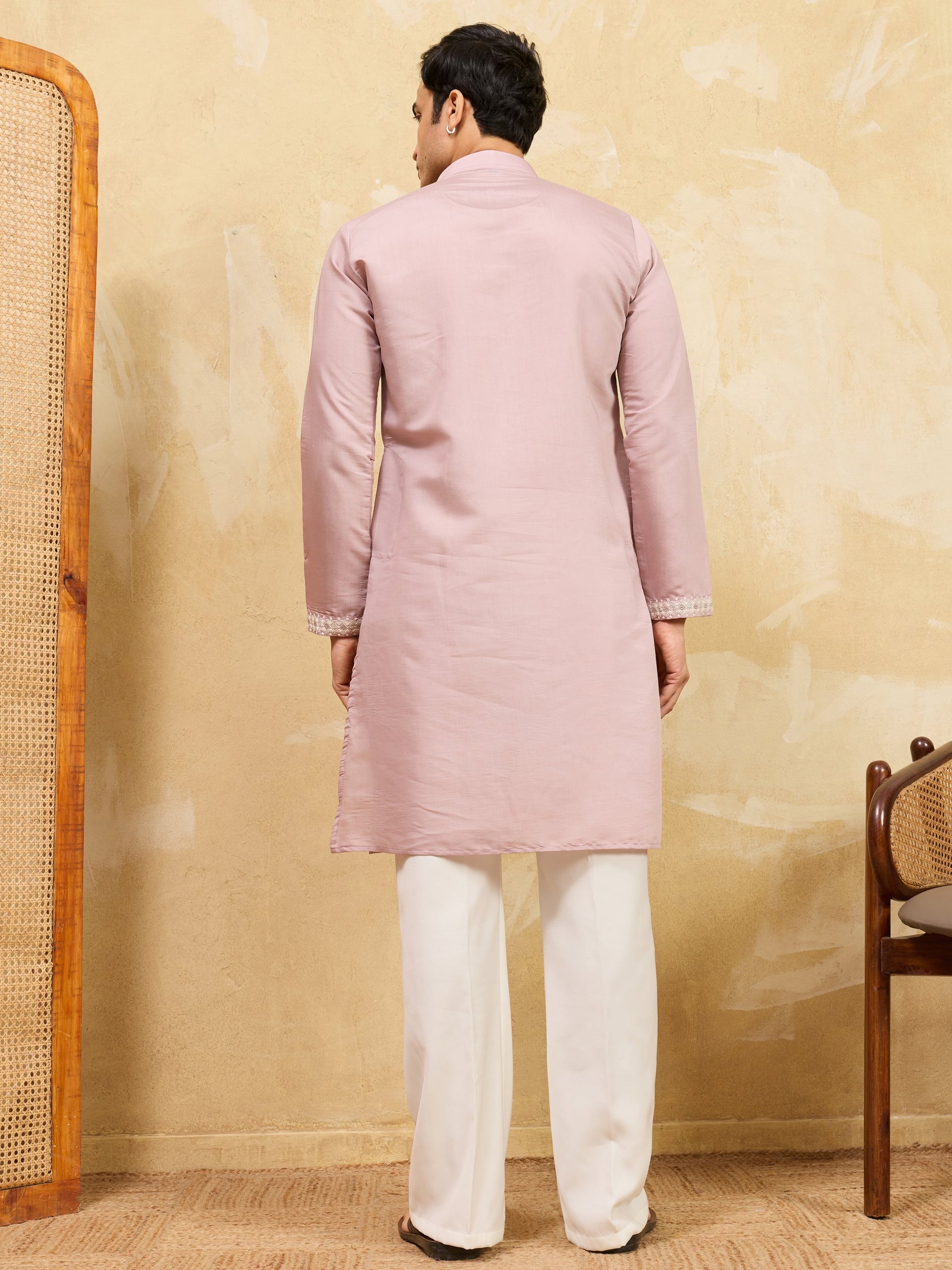 Fantastic Pink Embroidered Silk Event Wear Men's Kurta