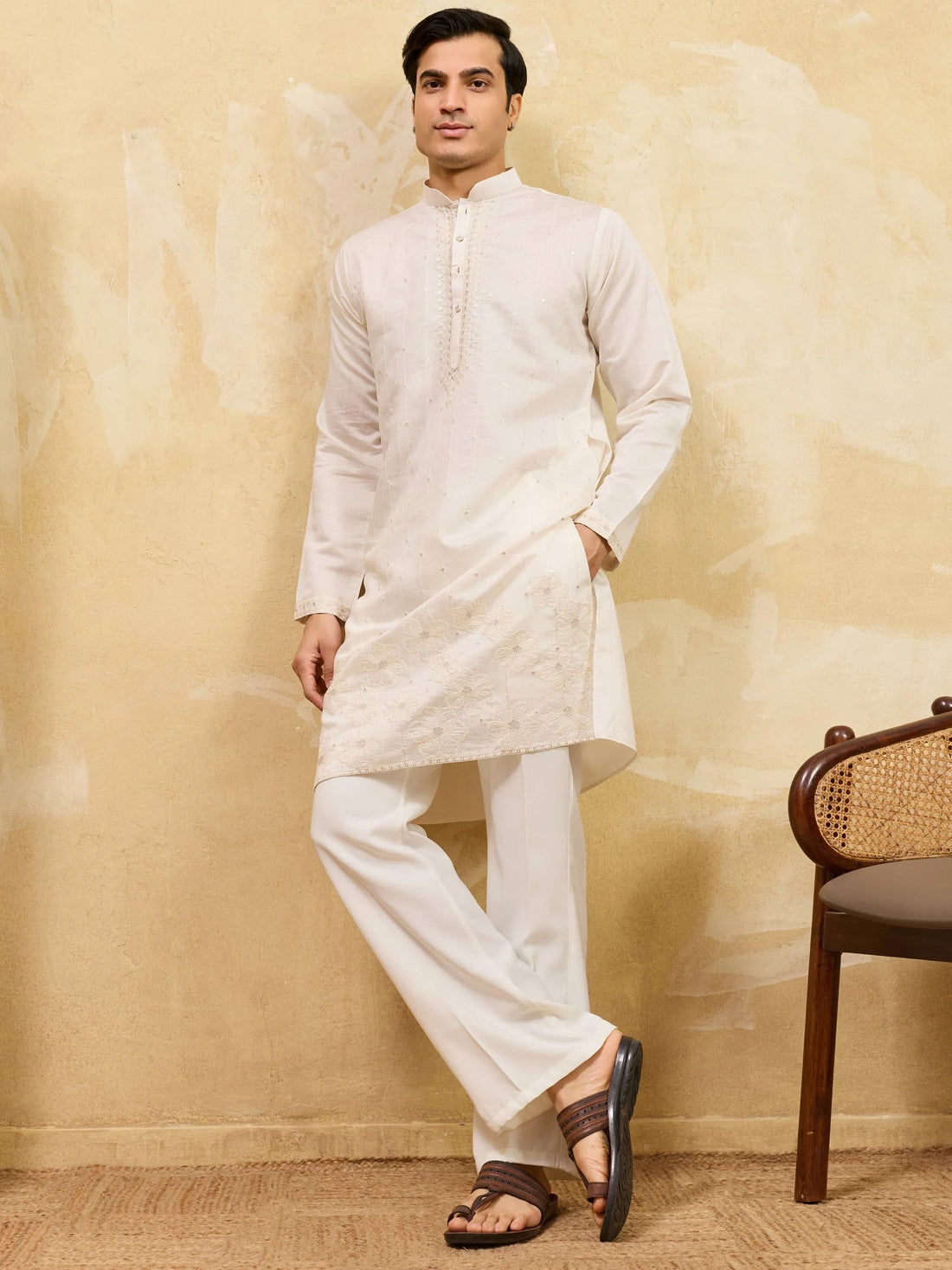 Beautiful White Sequins Work Silk Traditional Men's Kurta
