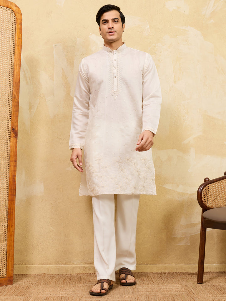Beautiful White Sequins Work Silk Traditional Men's Kurta