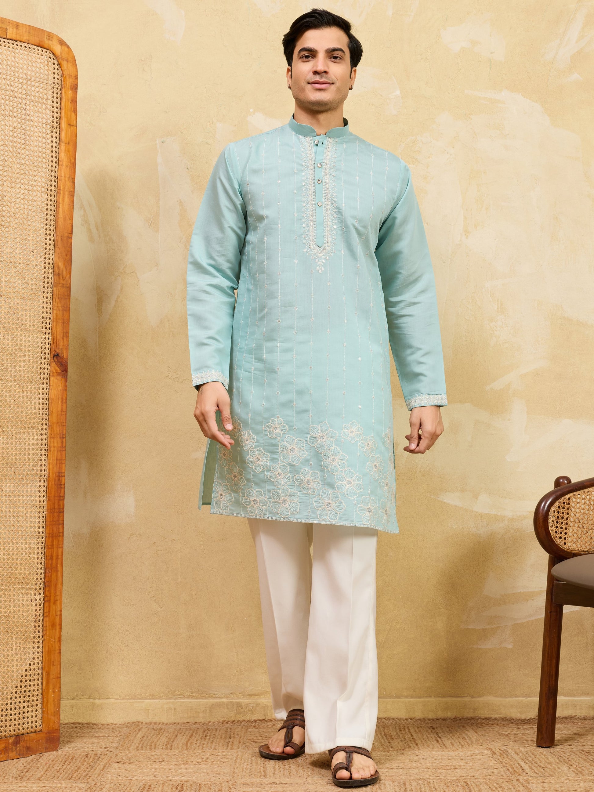 Striking Sky-Blue Thread Work Silk Marriage Wear Men's Kurta