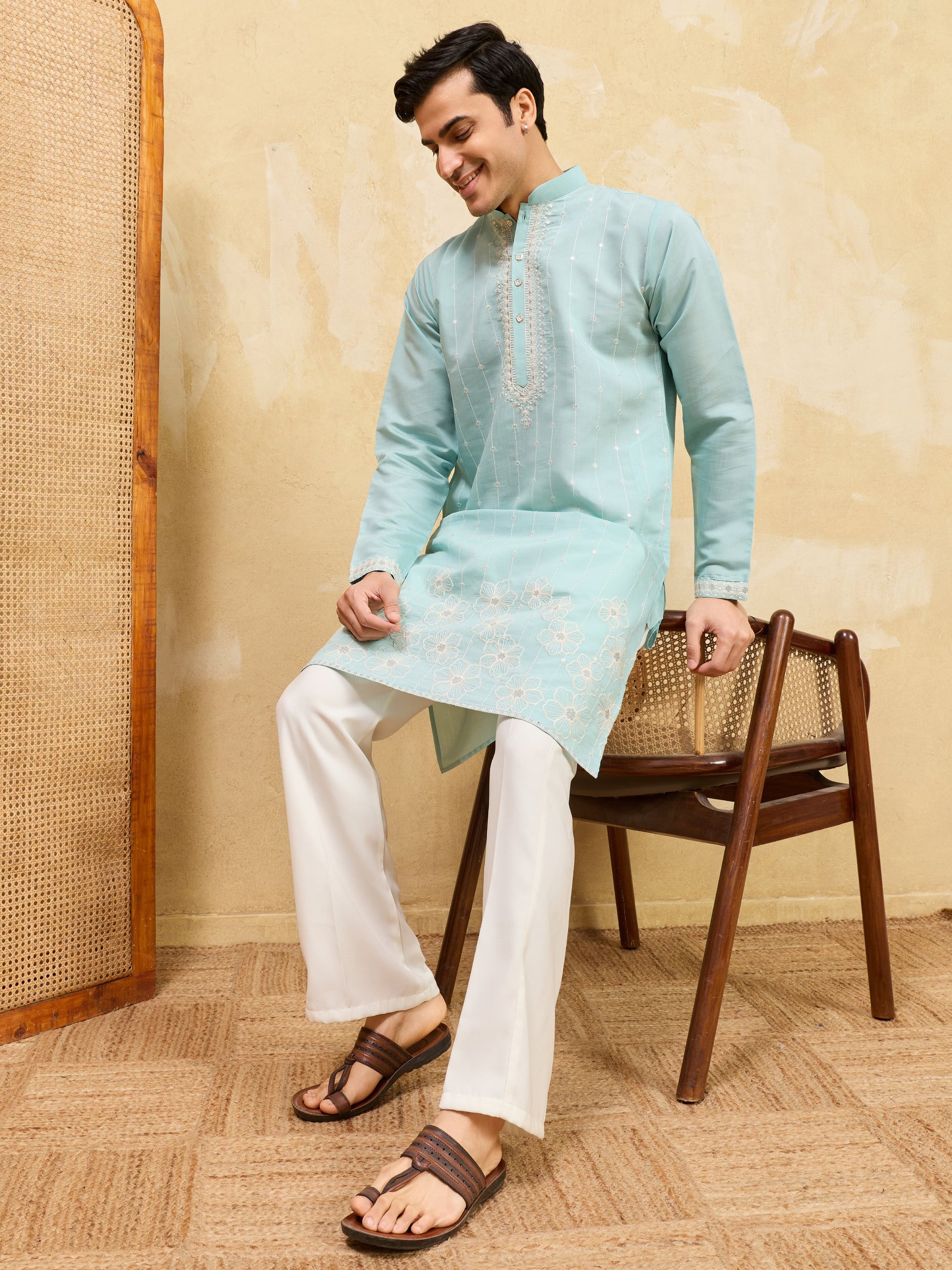Striking Sky-Blue Thread Work Silk Marriage Wear Men's Kurta