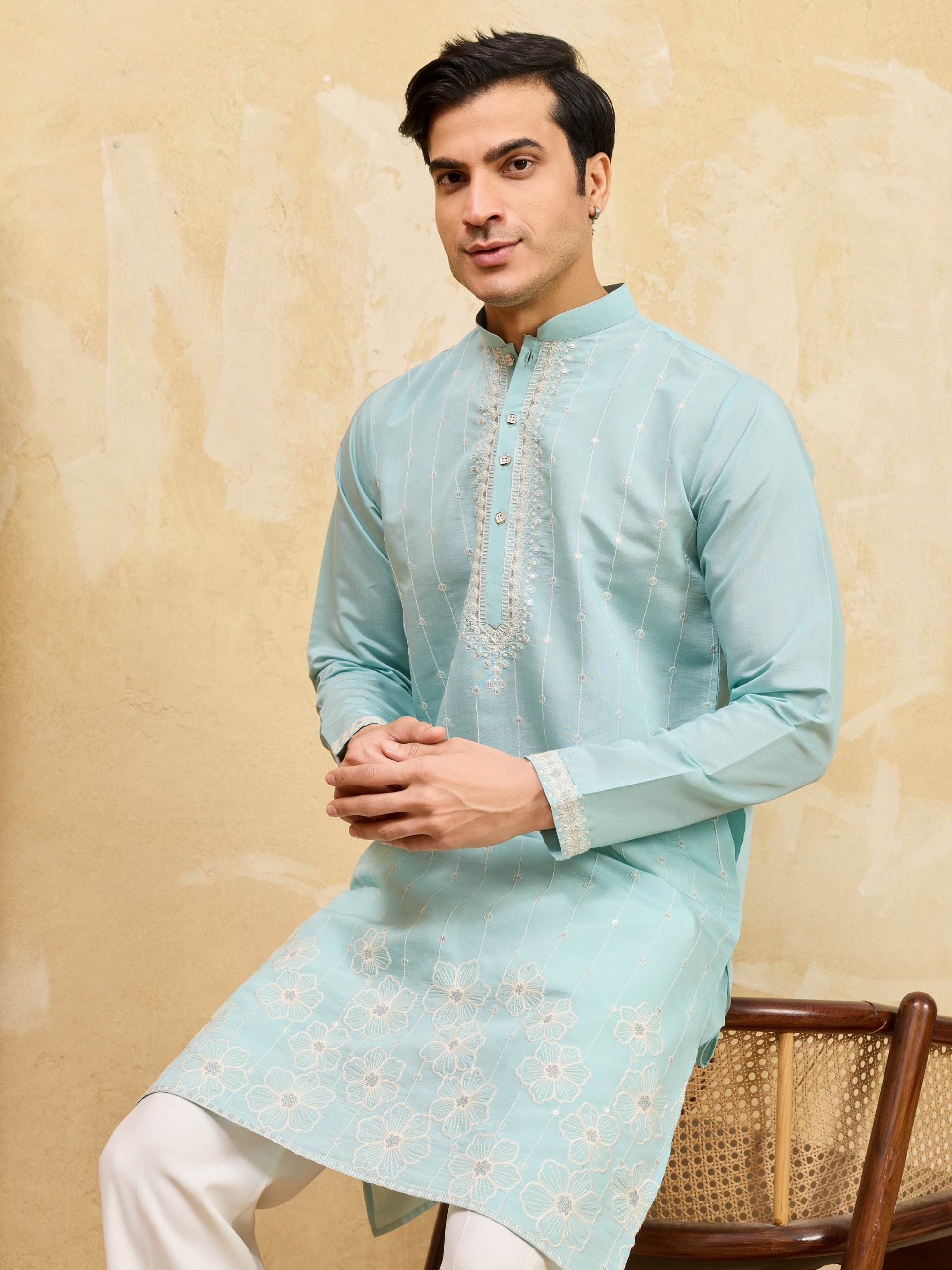 Striking Sky-Blue Thread Work Silk Marriage Wear Men's Kurta