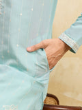 Striking Sky-Blue Thread Work Silk Marriage Wear Men's Kurta