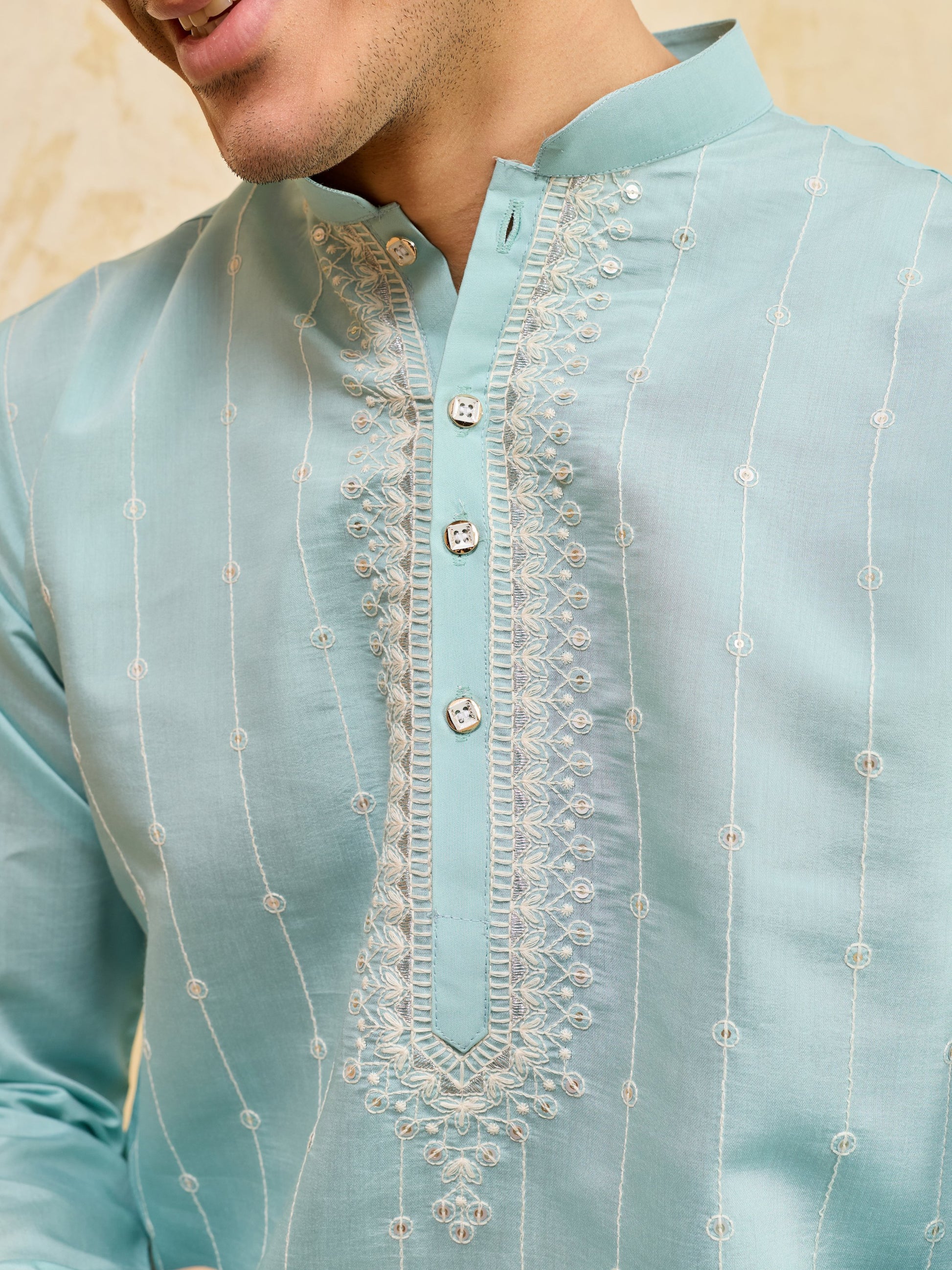 Striking Sky-Blue Thread Work Silk Marriage Wear Men's Kurta