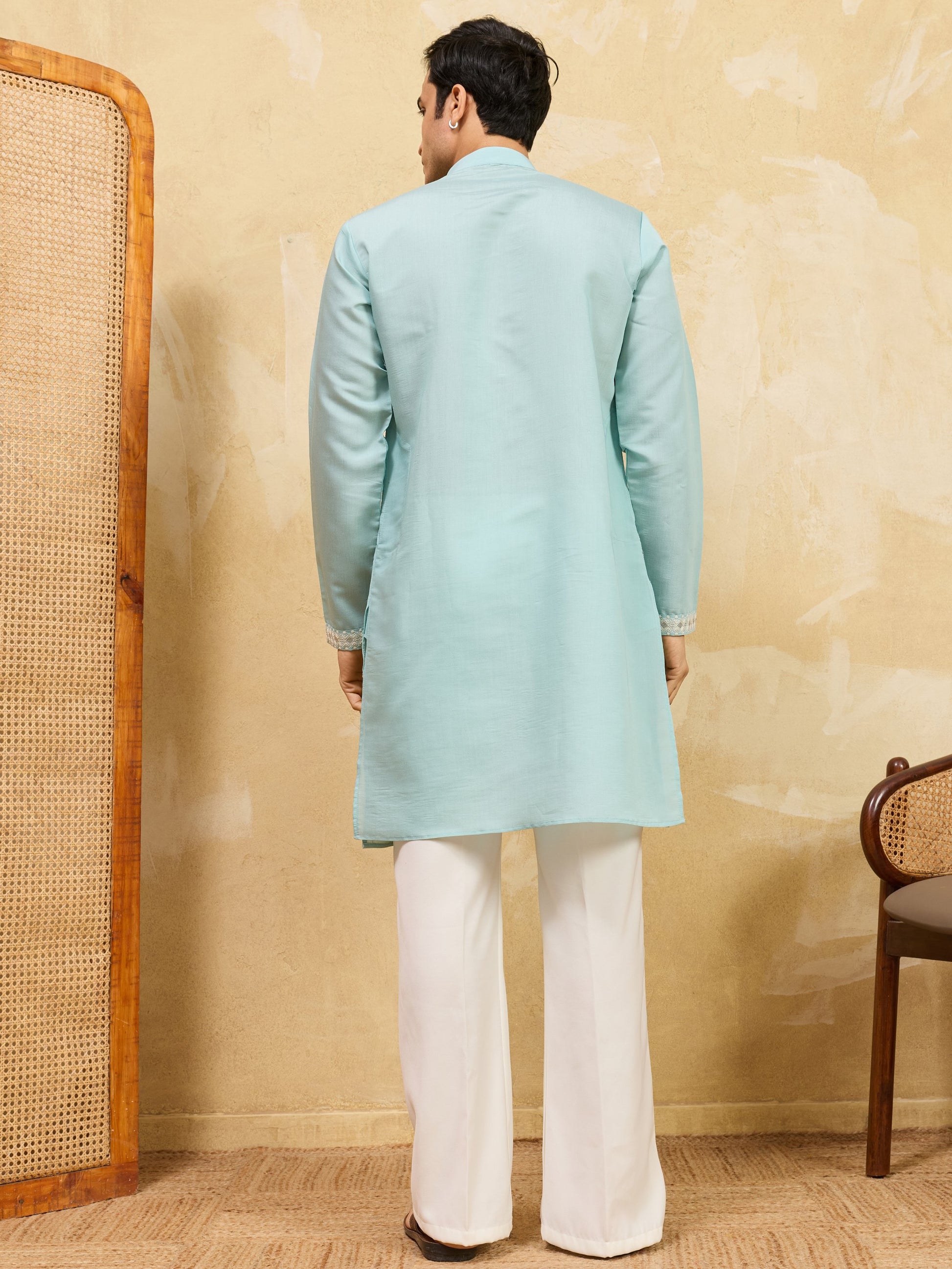 Striking Sky-Blue Thread Work Silk Marriage Wear Men's Kurta
