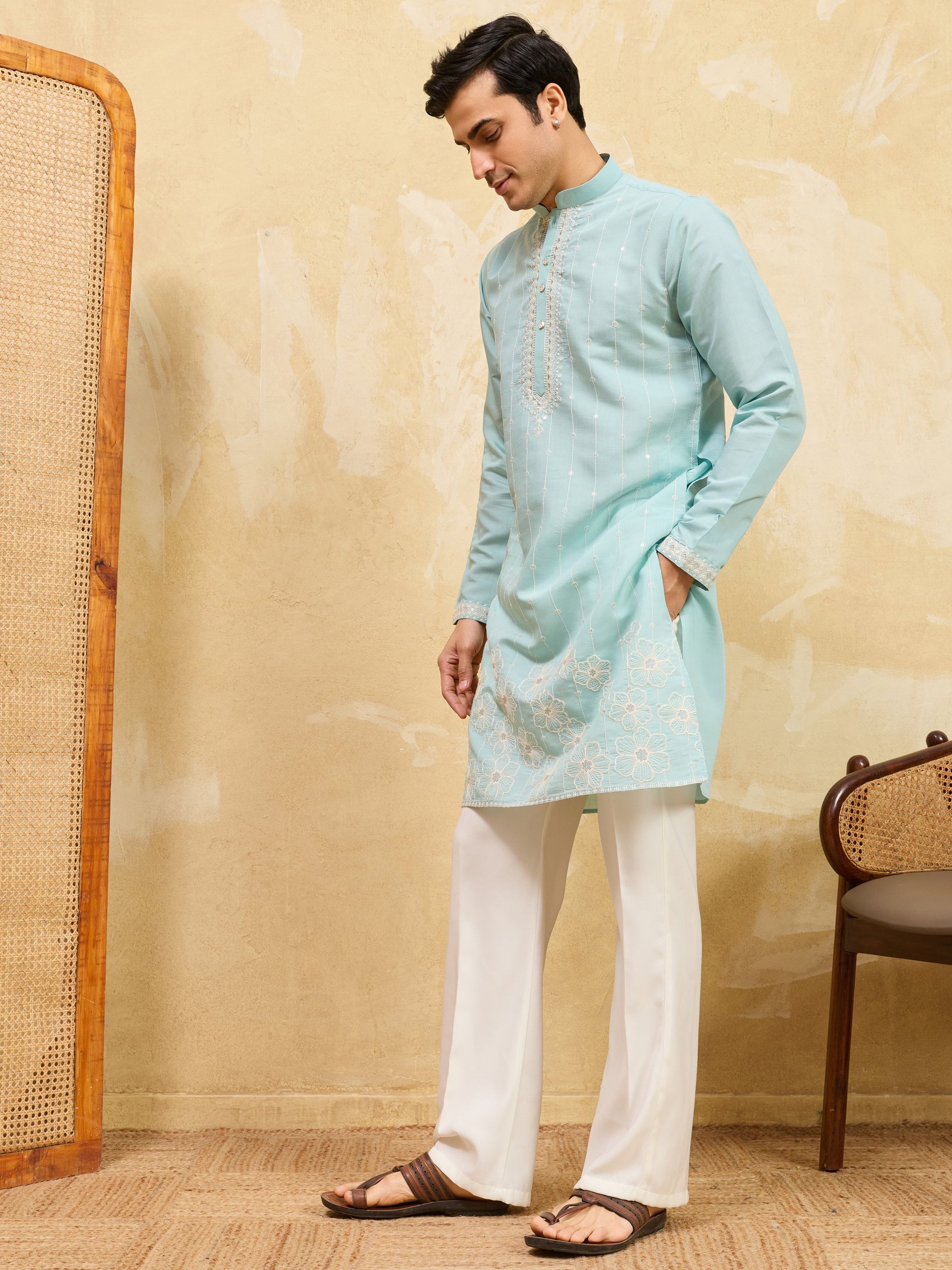 Striking Sky-Blue Thread Work Silk Marriage Wear Men's Kurta