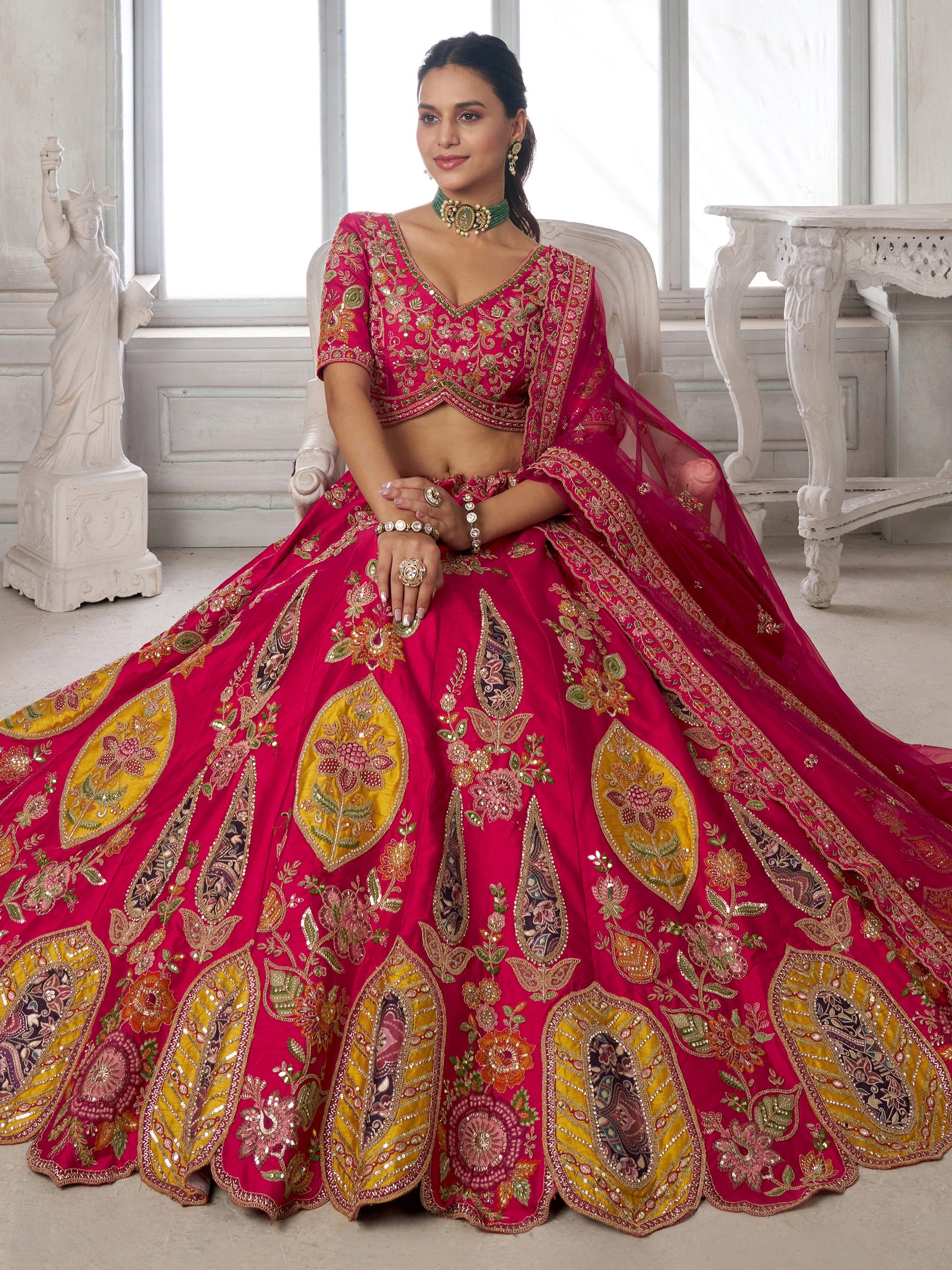 Stylish Rani Pink Embroidered Silk Wedding wear Lehenga Choli Wit Dupatta