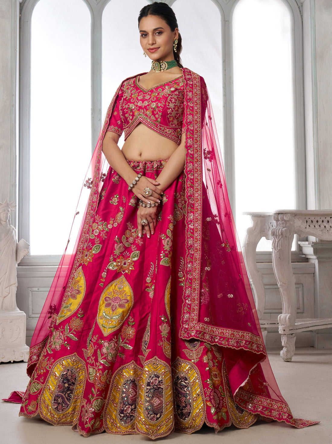 Stylish Rani Pink Embroidered Silk Wedding wear Lehenga Choli Wit Dupatta