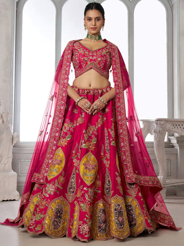 Stylish Rani Pink Embroidered Silk Wedding wear Lehenga Choli Wit Dupatta
