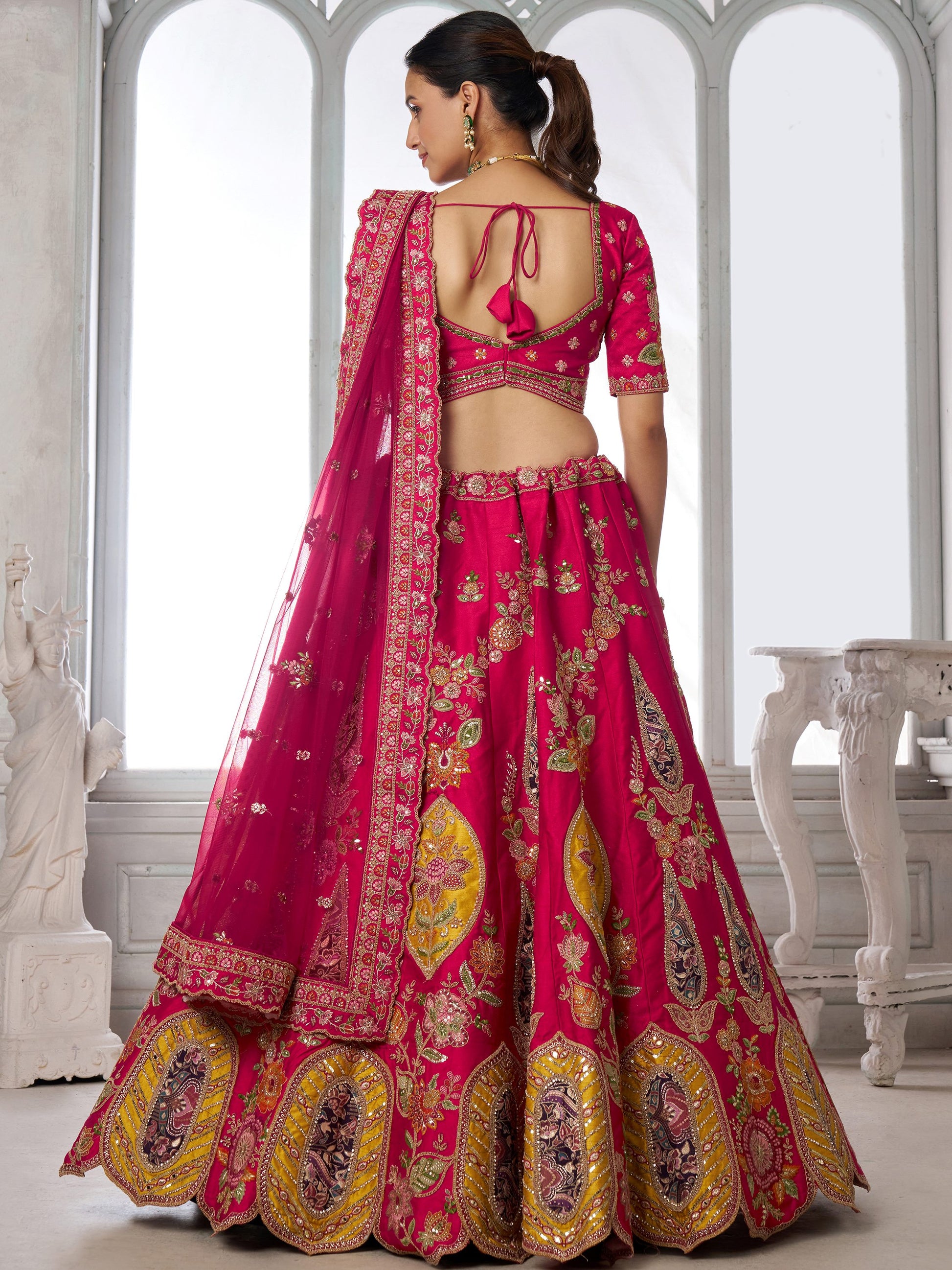 Stylish Rani Pink Embroidered Silk Wedding wear Lehenga Choli Wit Dupatta