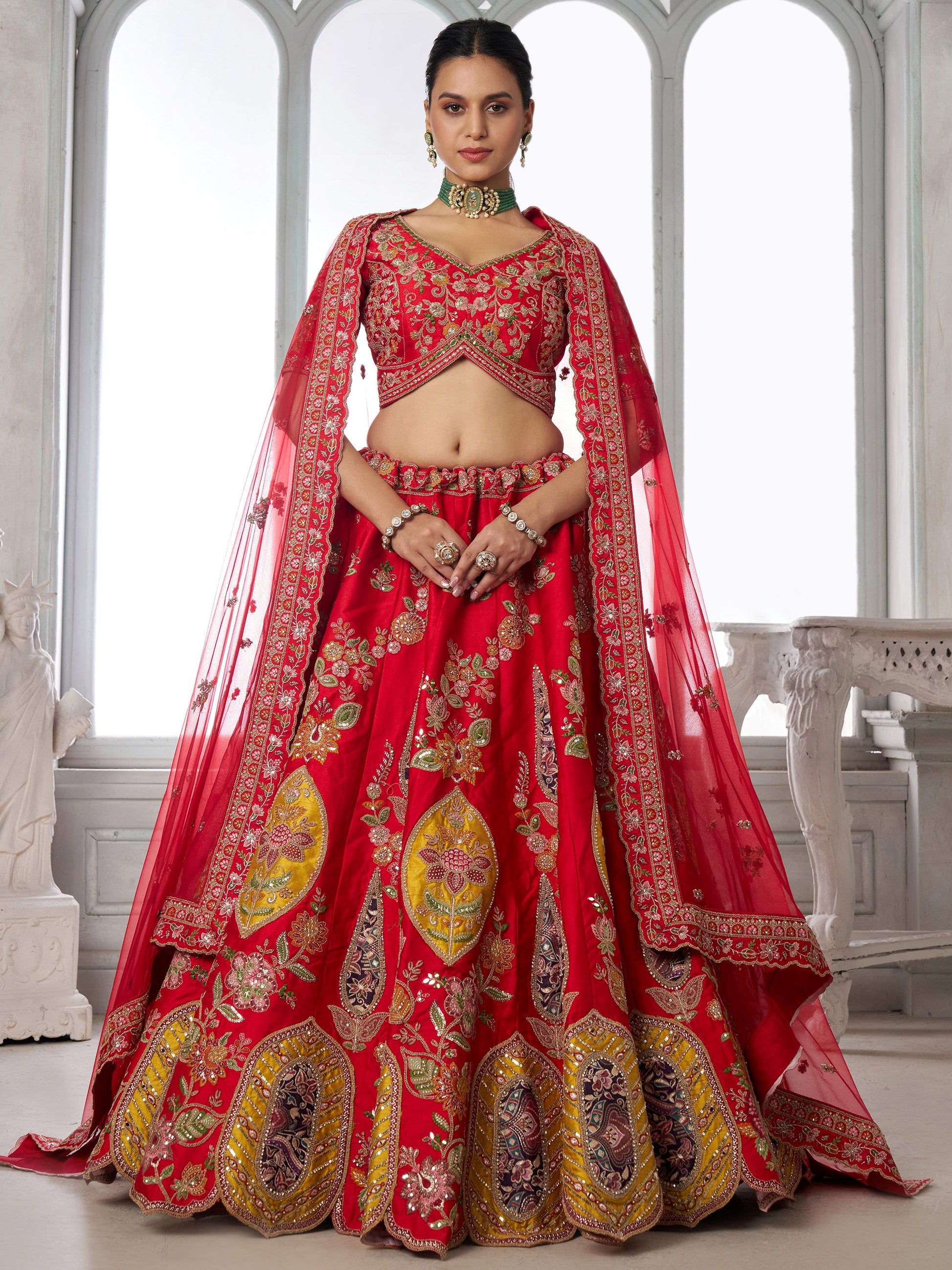 Elegant Red Embroidered Silk Wedding wear Lehenga Choli Wit Dupatta