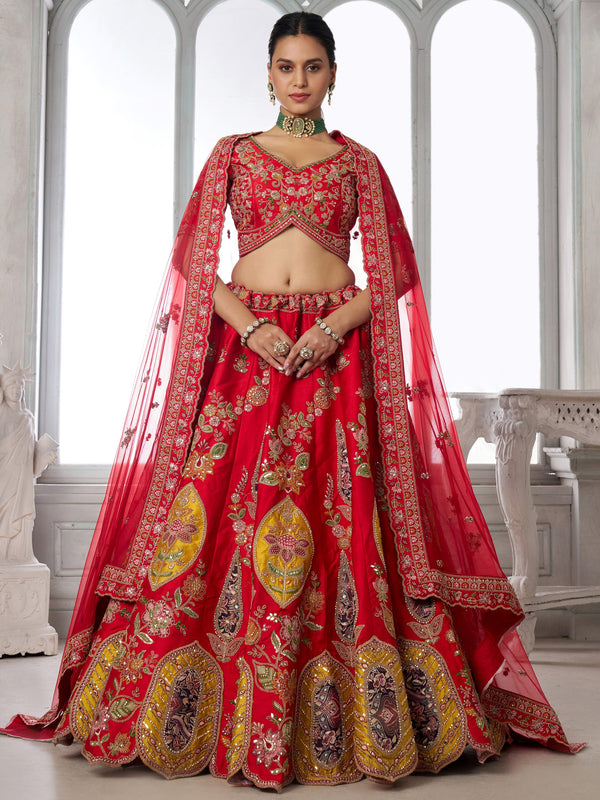 Elegant Red Embroidered Silk Wedding wear Lehenga Choli Wit Dupatta