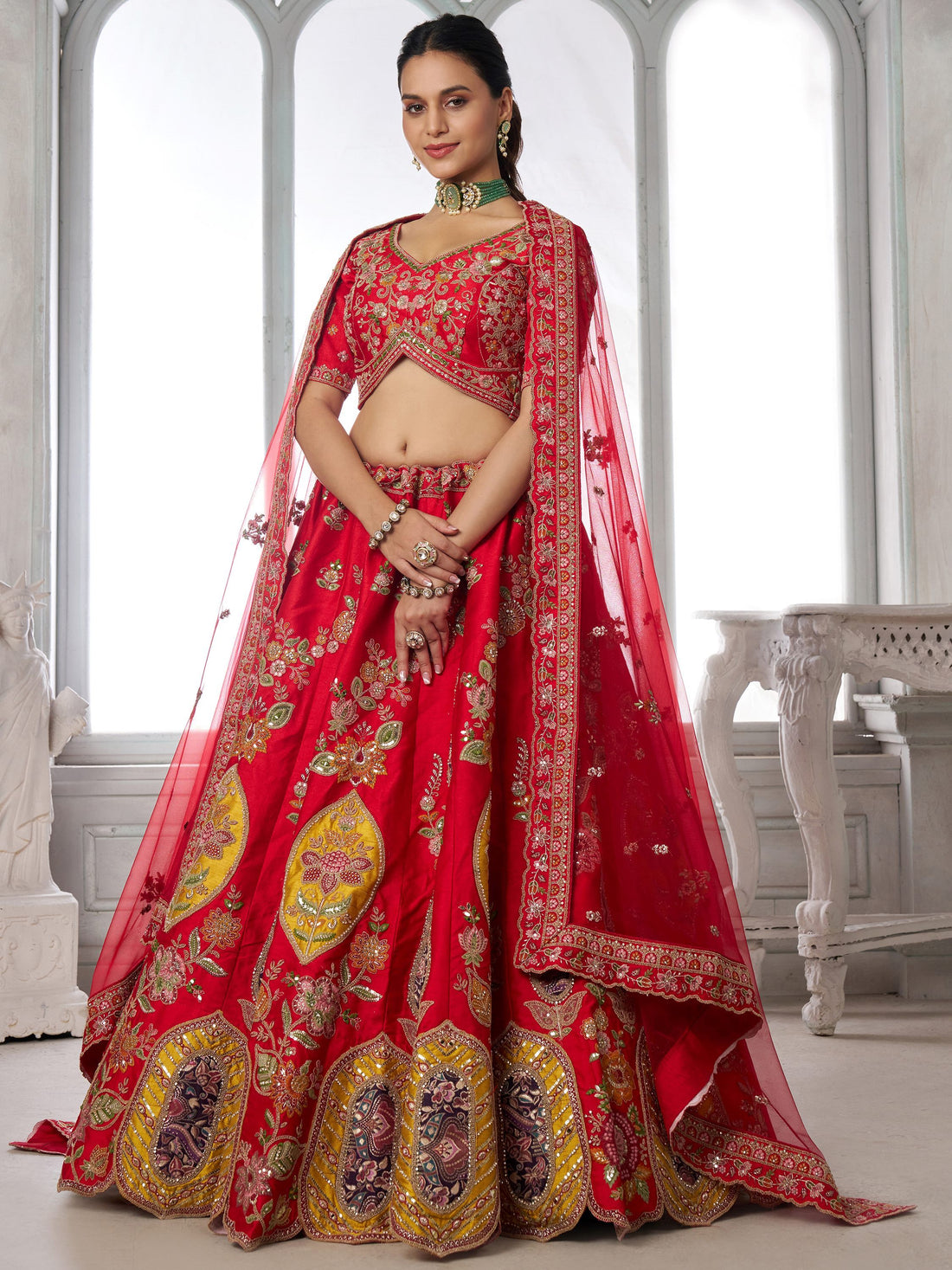 Elegant Red Embroidered Silk Wedding wear Lehenga Choli Wit Dupatta