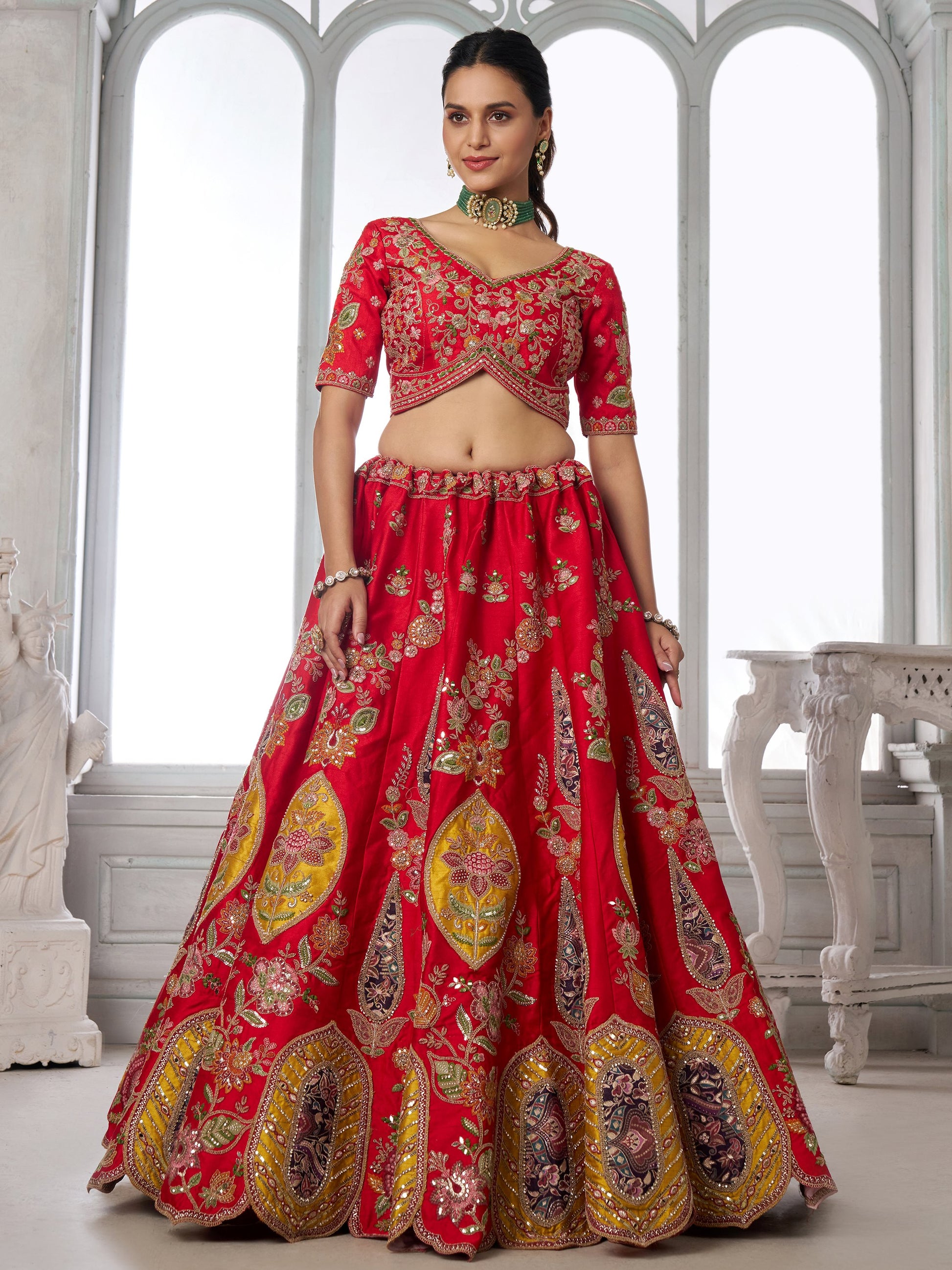 Elegant Red Embroidered Silk Wedding wear Lehenga Choli Wit Dupatta