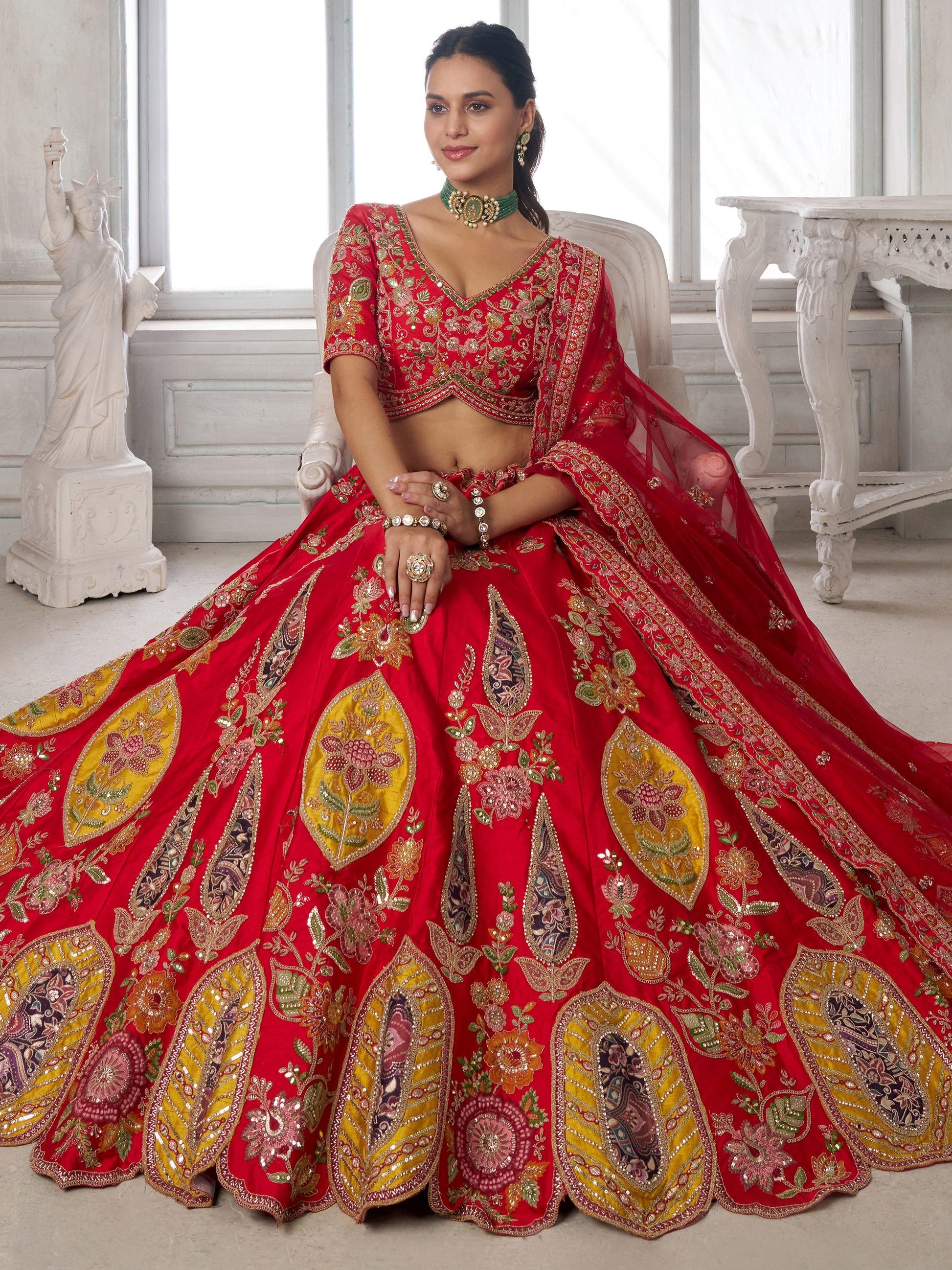 Elegant Red Embroidered Silk Wedding wear Lehenga Choli Wit Dupatta