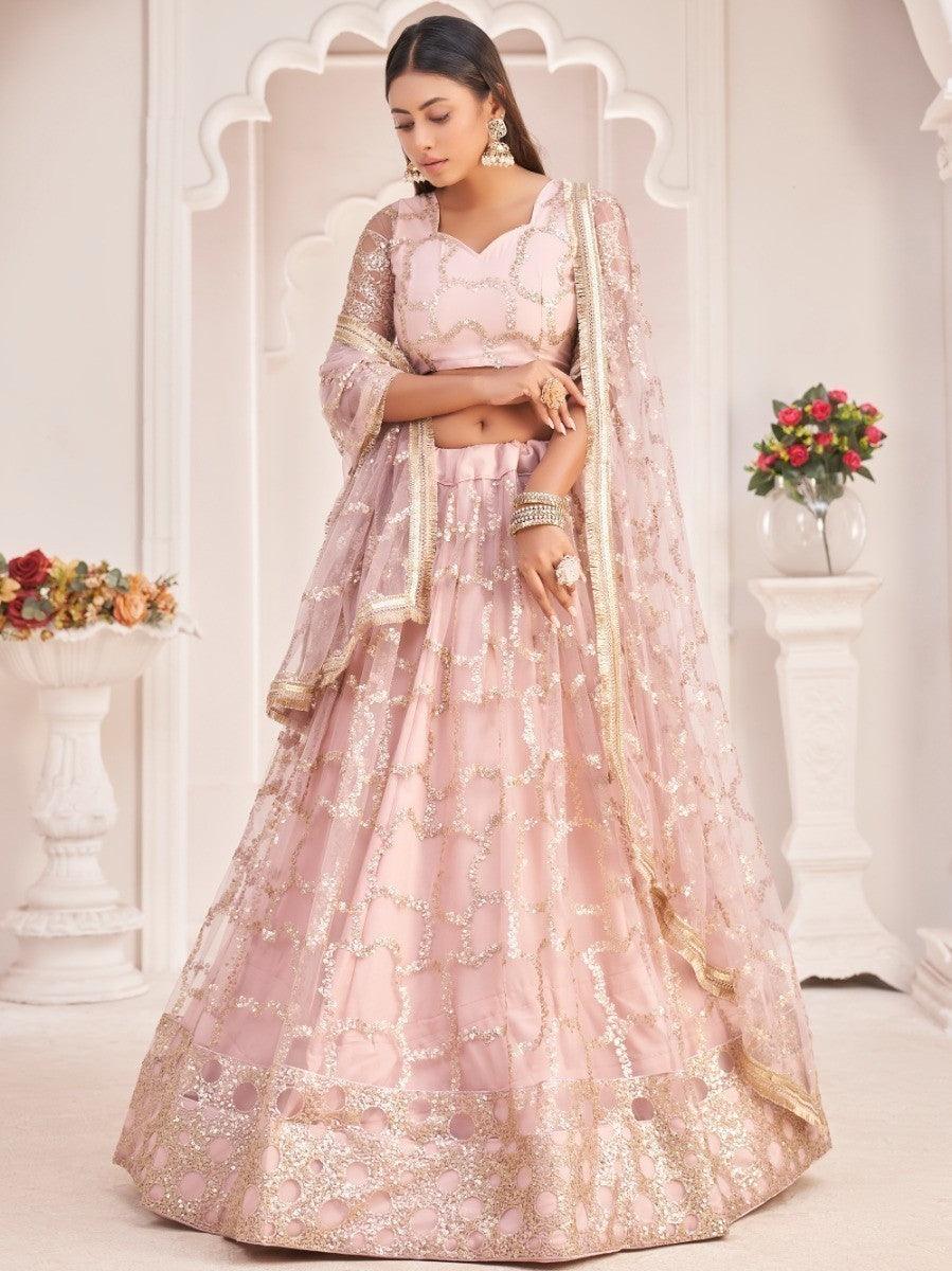 Awesome Light Pink Thread Embroidered Butterfly Net Lehenga Choli
