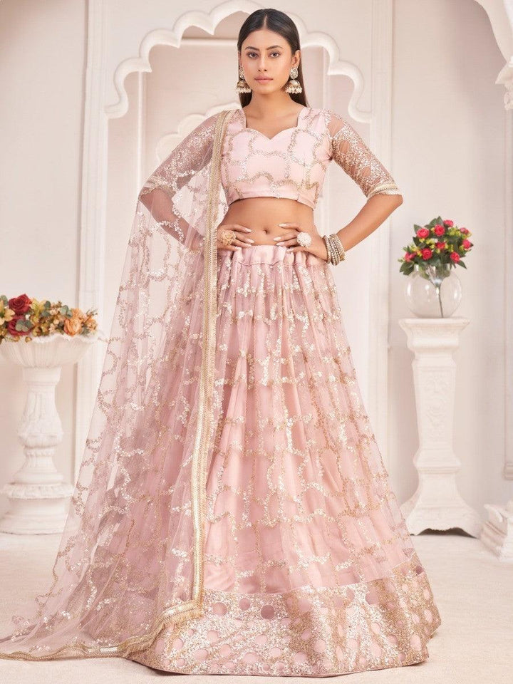 Awesome Light Pink Thread Embroidered Butterfly Net Lehenga Choli