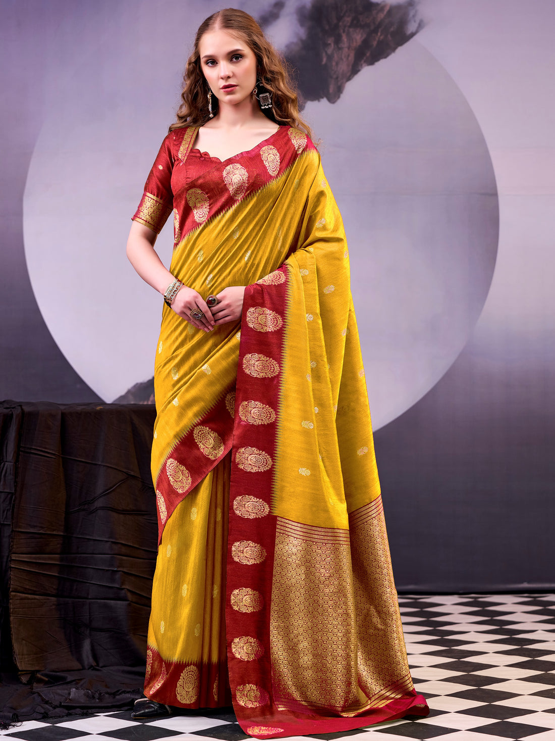 Majestic Mustard Yellow Zari Weaving Cotton Traditional Saree With Blouse