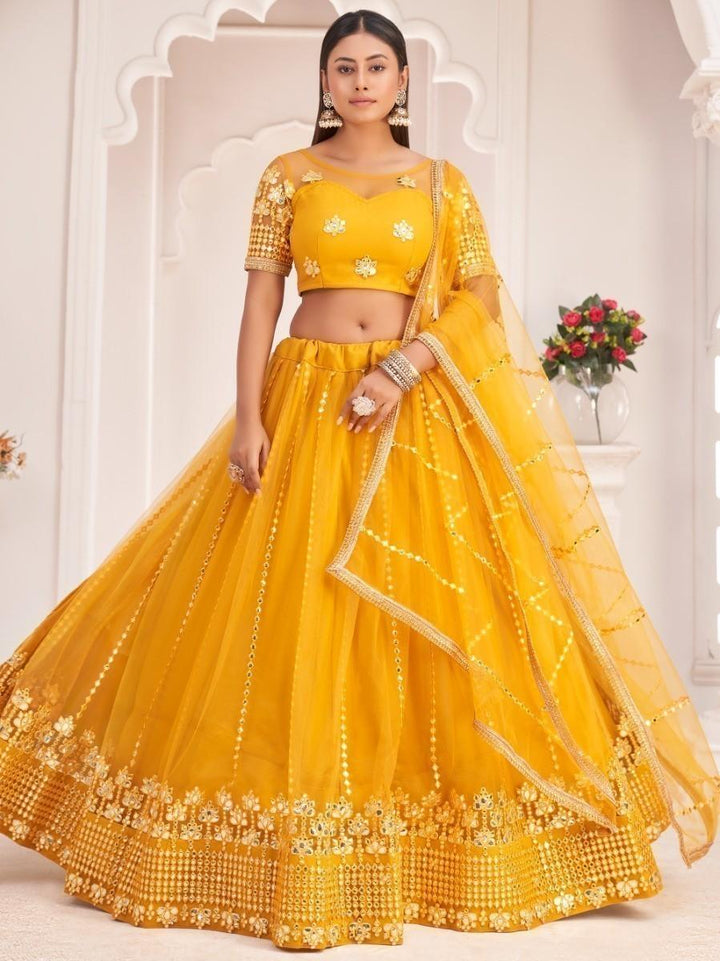Marvelous Mustard Yellow Thread Embroidered Butterfly Net Lehenga Choli