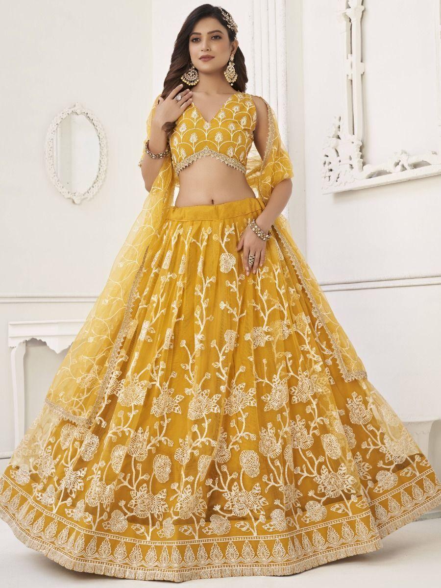 Fascinating Yellow Embroidered Net Haldi Wear Lehenga Choli