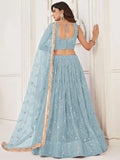Fashionable Blue Sequin Work Net Party Wear Lehenga Choli With Dupatta