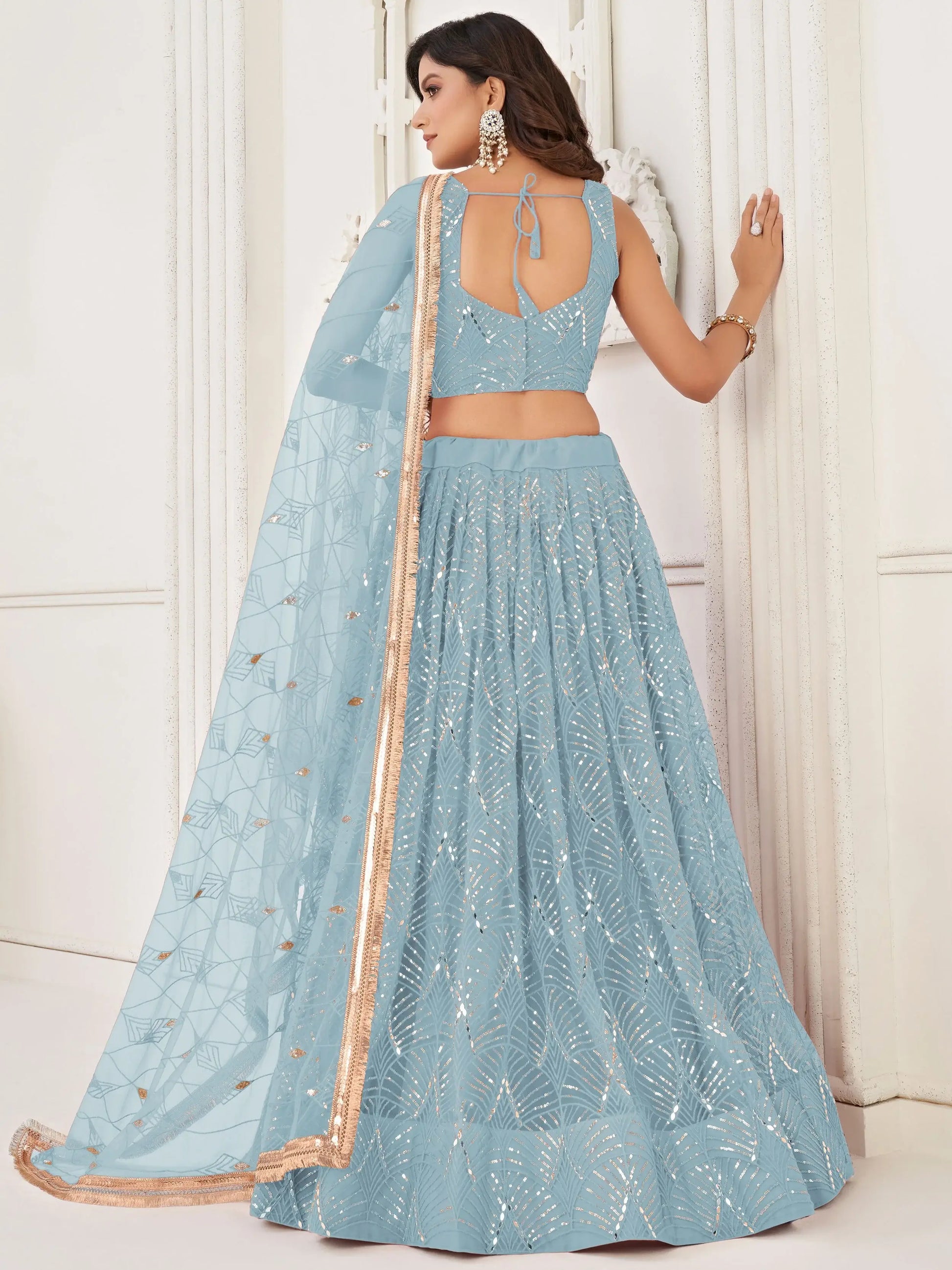Fashionable Blue Sequin Work Net Party Wear Lehenga Choli With Dupatta