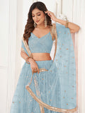 Fashionable Blue Sequin Work Net Party Wear Lehenga Choli With Dupatta