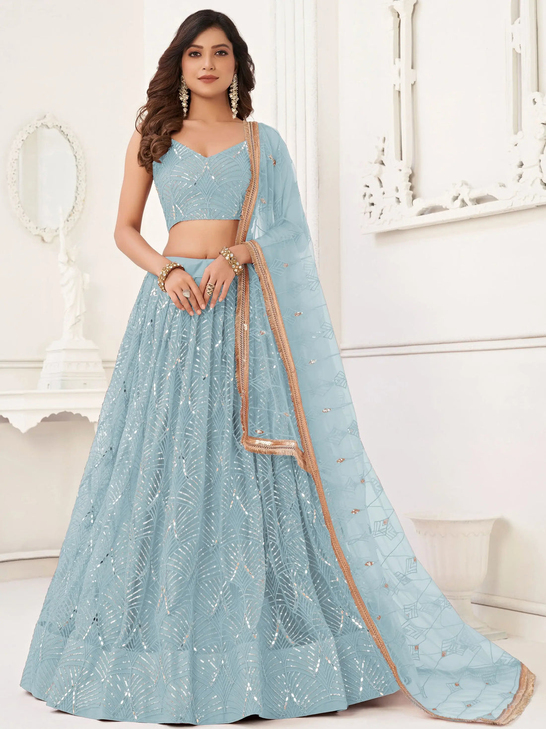 Fashionable Blue Sequin Work Net Party Wear Lehenga Choli With Dupatta
