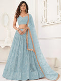Fashionable Blue Sequin Work Net Party Wear Lehenga Choli With Dupatta