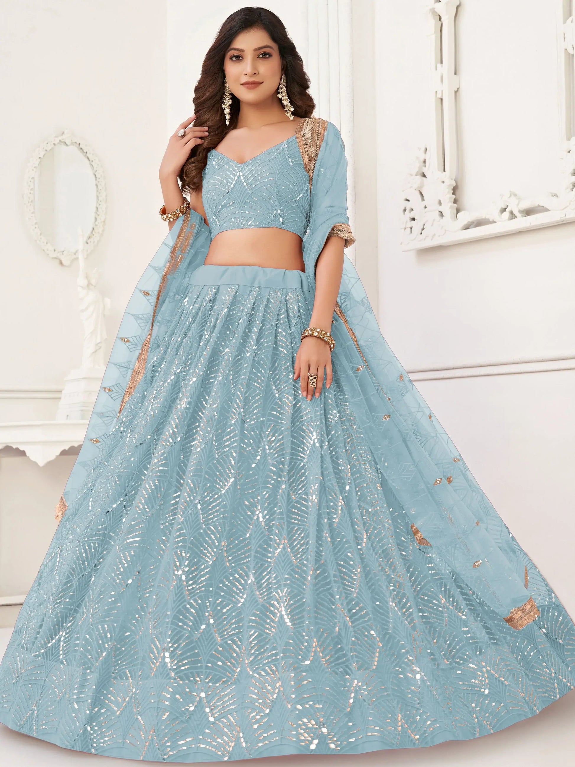 Fashionable Blue Sequin Work Net Party Wear Lehenga Choli With Dupatta