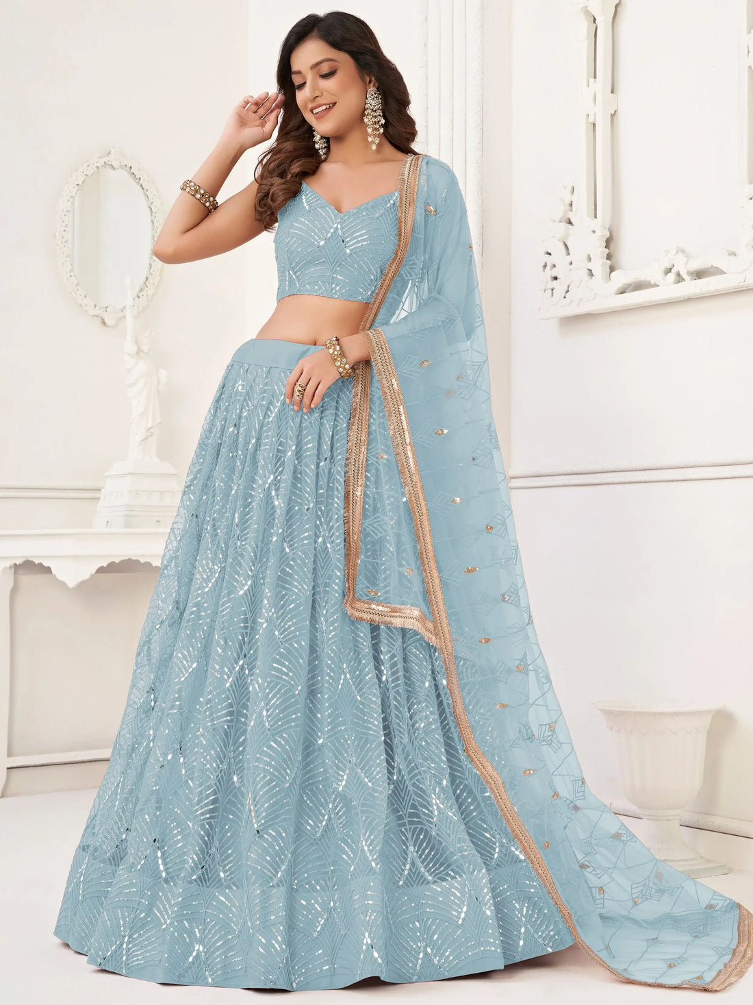 Fashionable Blue Sequin Work Net Party Wear Lehenga Choli With Dupatta