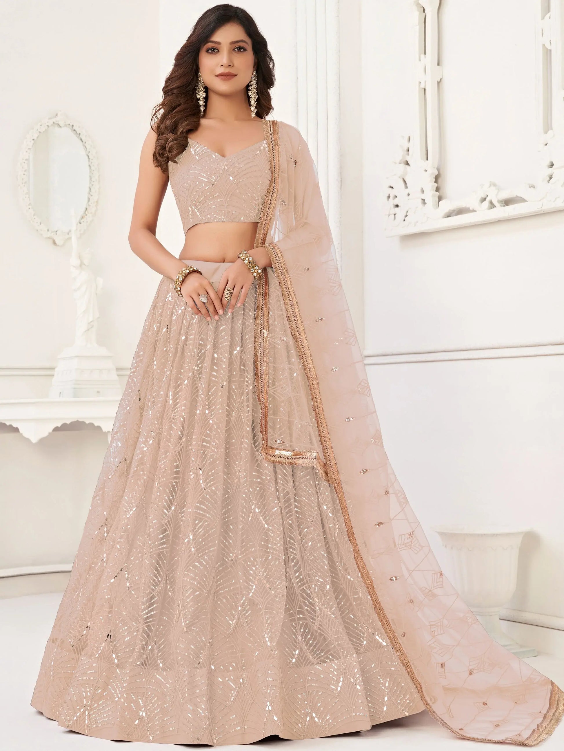 Enchanting Beige Thread Work Net Festivals Wear Lehenga With Dupatta