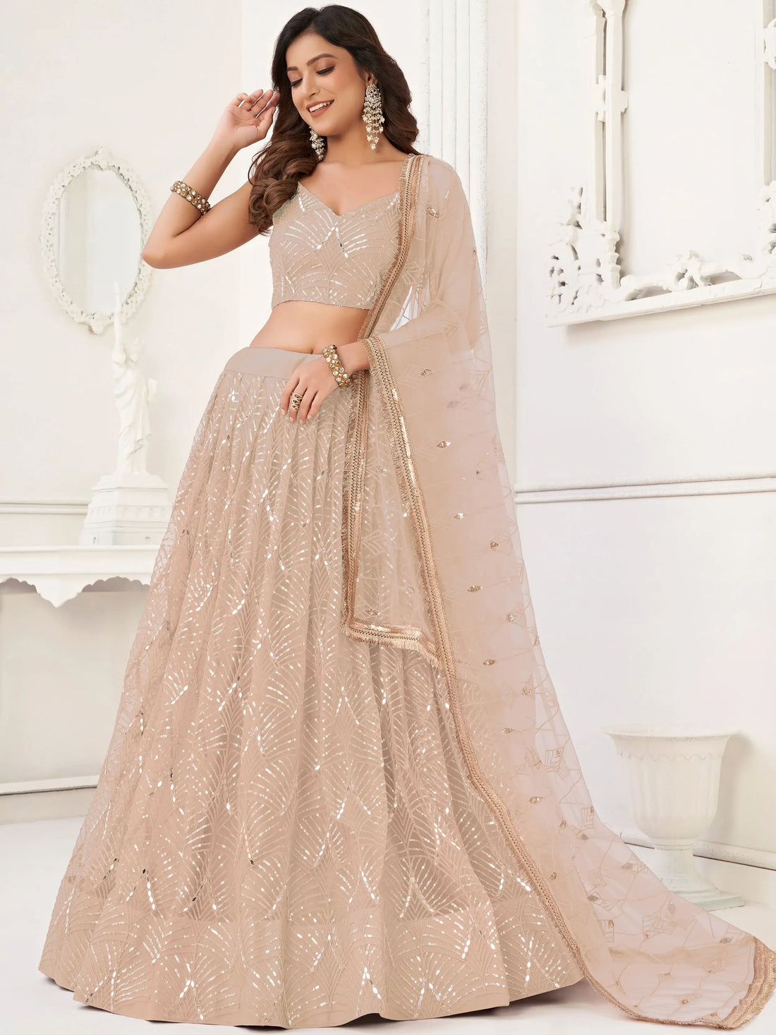 Enchanting Beige Thread Work Net Festivals Wear Lehenga With Dupatta